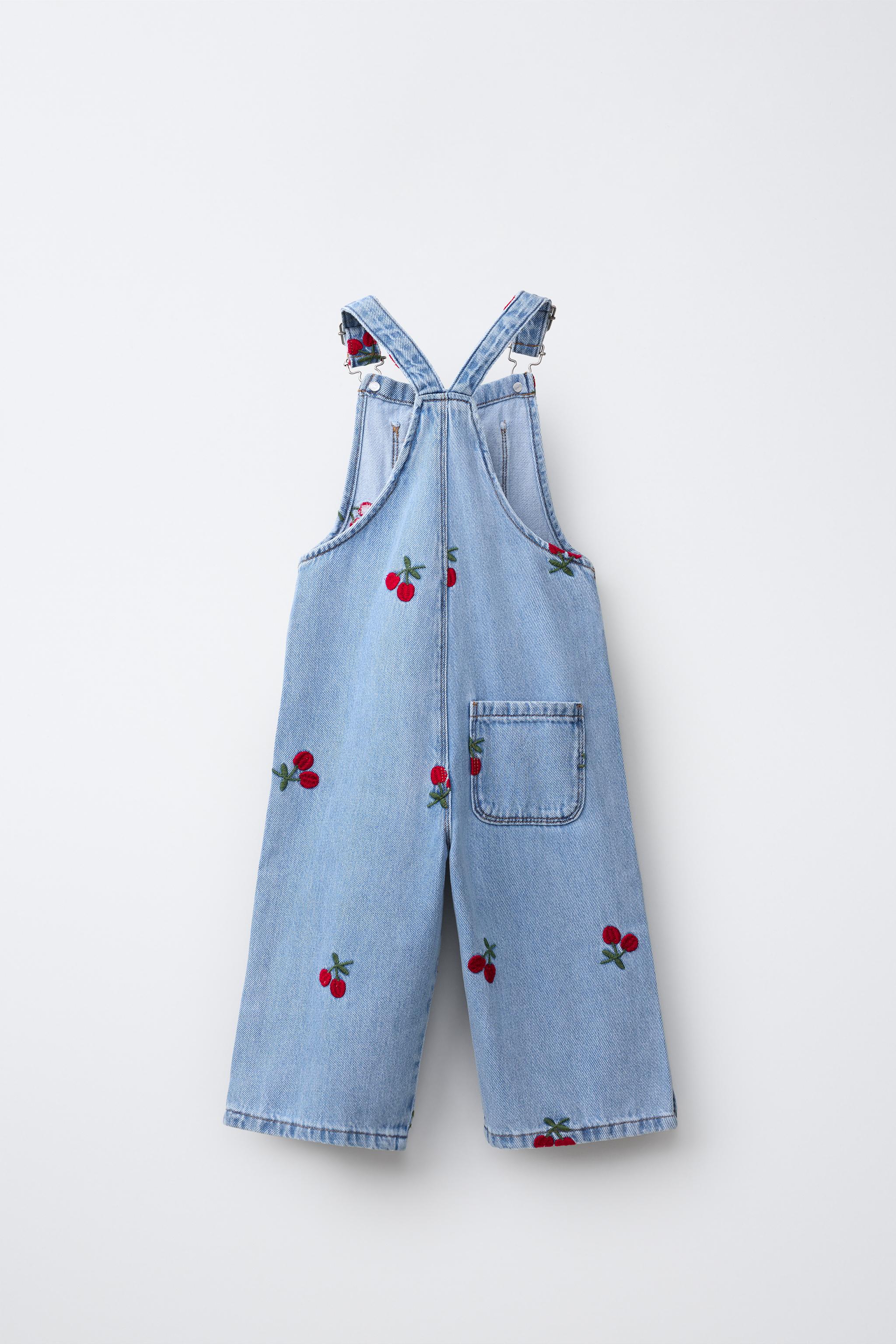 EMBROIDERED CHERRY DENIM OVERALLS
